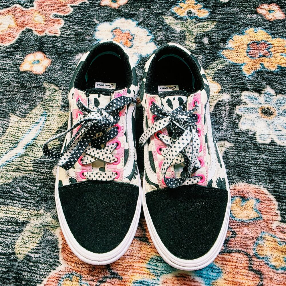 Vans Old Skool ComfyCush Customs Cow Print Pink Checkerboard Sneakers Size 7 - Picture 4 of 13